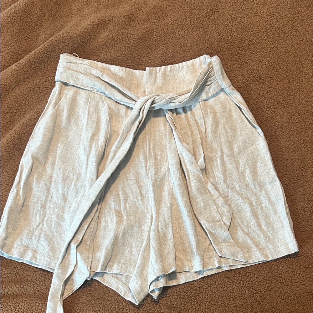 Women's Tan Linen Shorts with Tie Waist - Picture 7 of 11